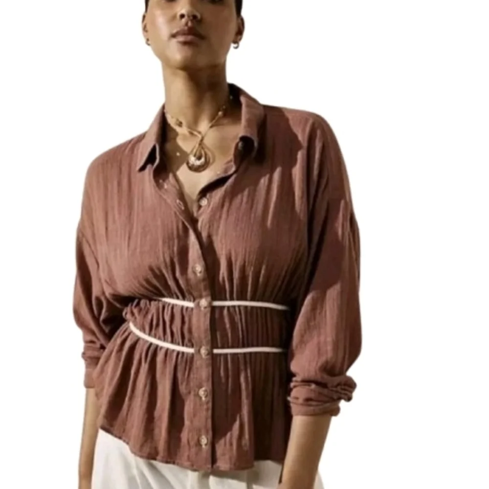 Free People Morrison Shirt Brown Button Down With Tie Cropped Back Size S Cotton